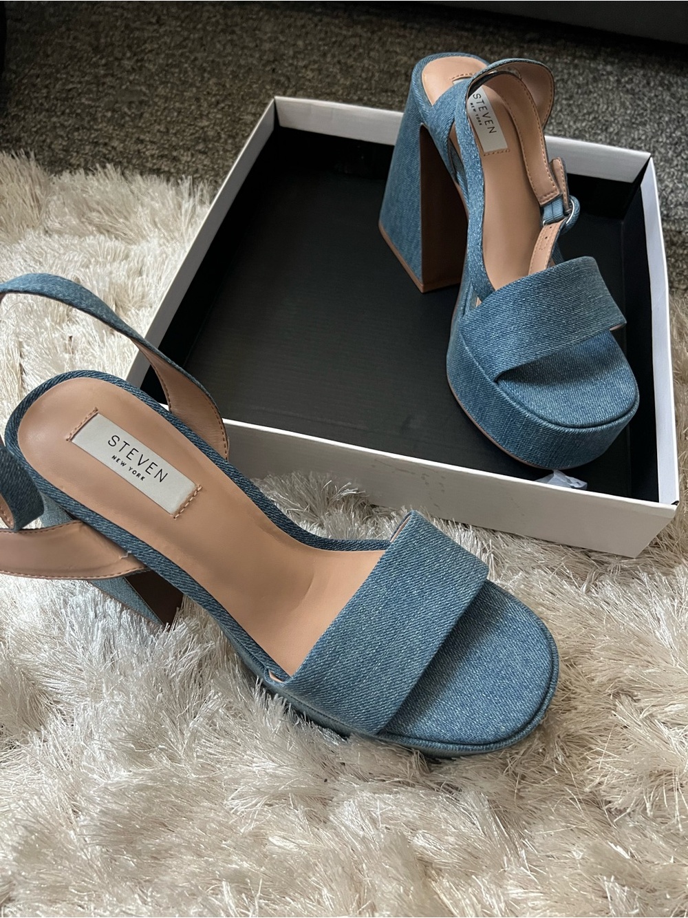 STEVEN by Steve Madden Light Blue Denim Platform Block Heel Sandals